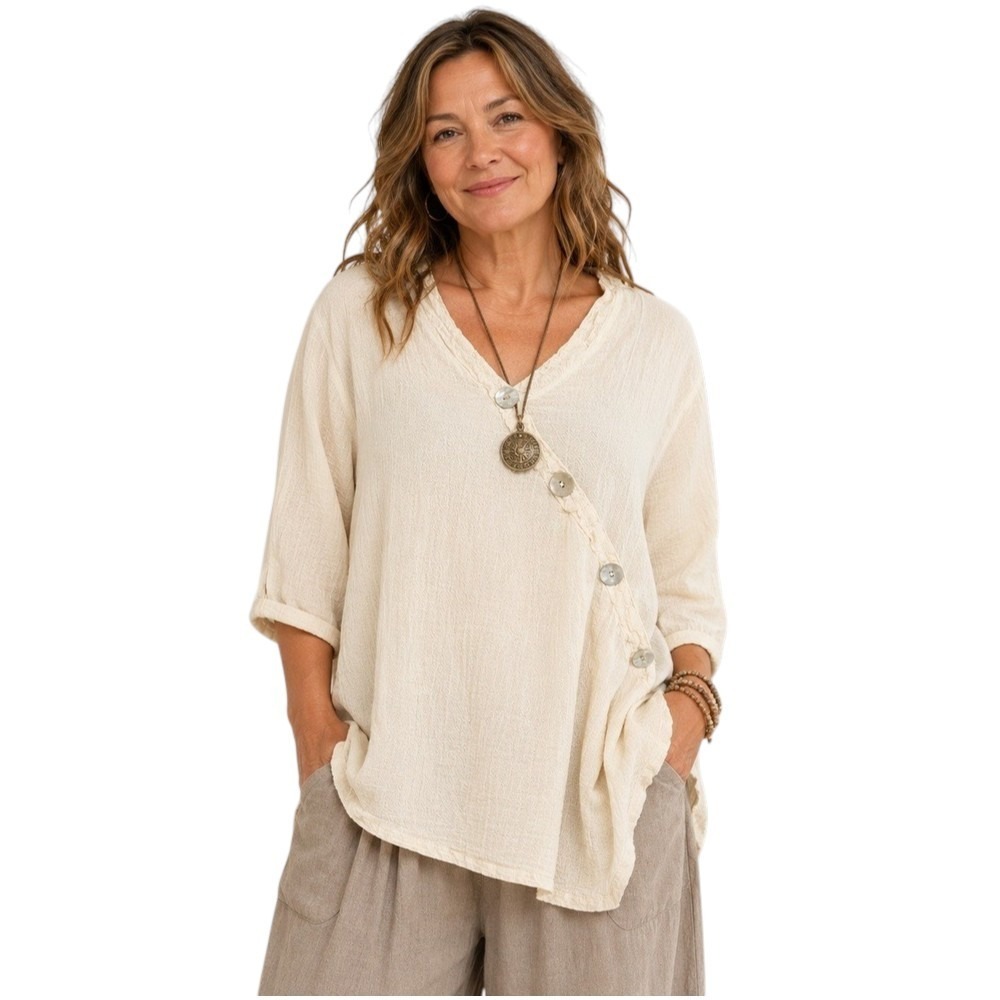 Oh‎ My Gauze! Womens Blouse Cream Asymmetrical Button Cotton Cropped Top Size 1